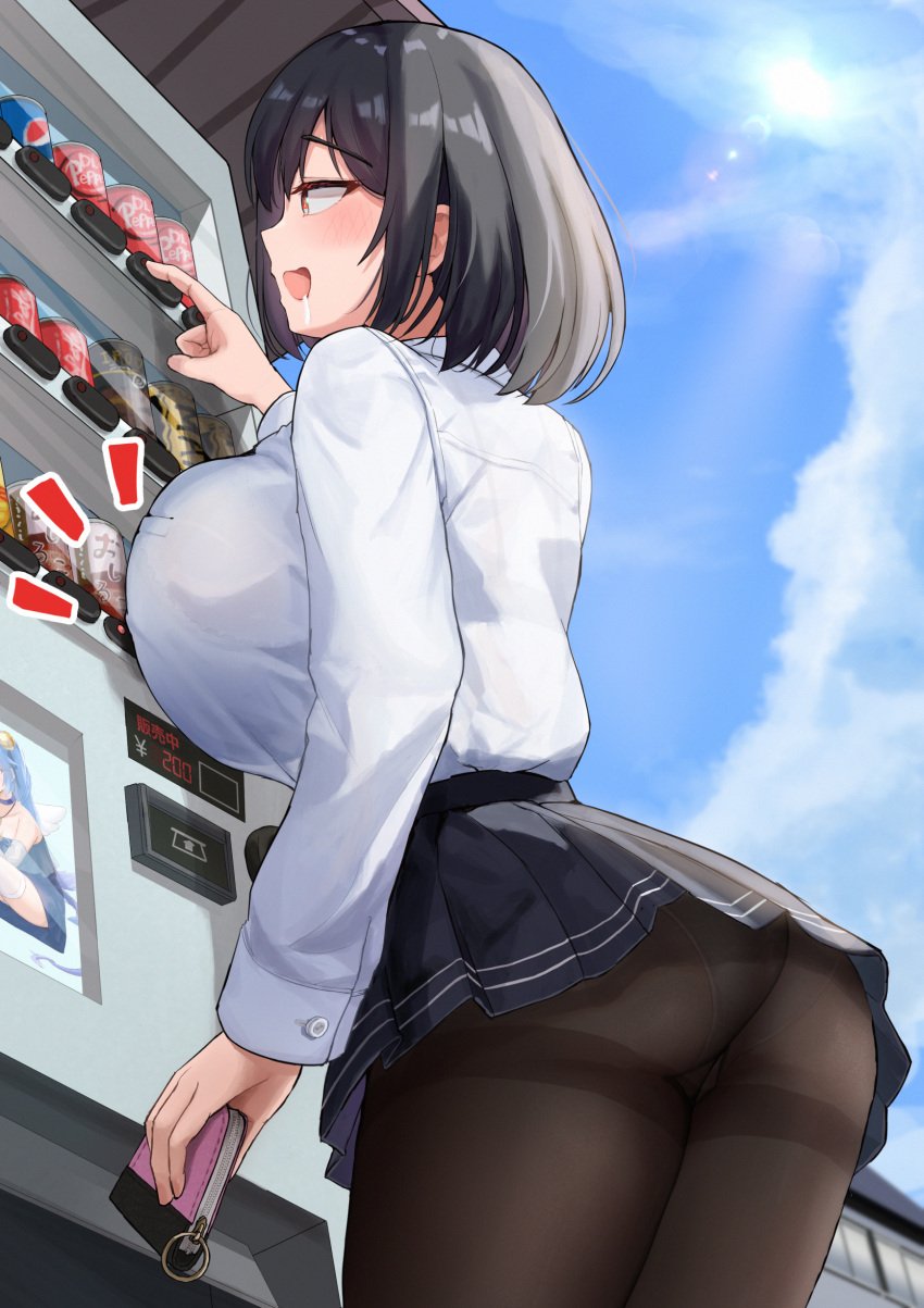 1girls 2021 arm_up ass big_breasts black_hair blush breast_press breasts clothed_female female female_only fully_clothed highres holding_object huge_breasts inconvenient_breasts iro_(boo_iro) miniskirt open_mouth original panties panties_under_pantyhose pantyhose pantyshot saliva saliva_trail school_uniform schoolgirl shirt short_hair skirt thick_thighs thighs vending_machine white_panties