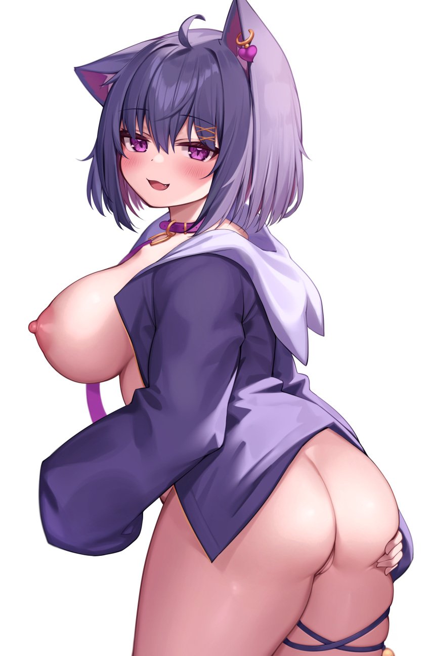 ass breasts butt_grab cat_ears collar deaver fangs huge_breasts kemonomimi nekomimi nekoyama_(deaver) nipples purple_eyes purple_hair smile