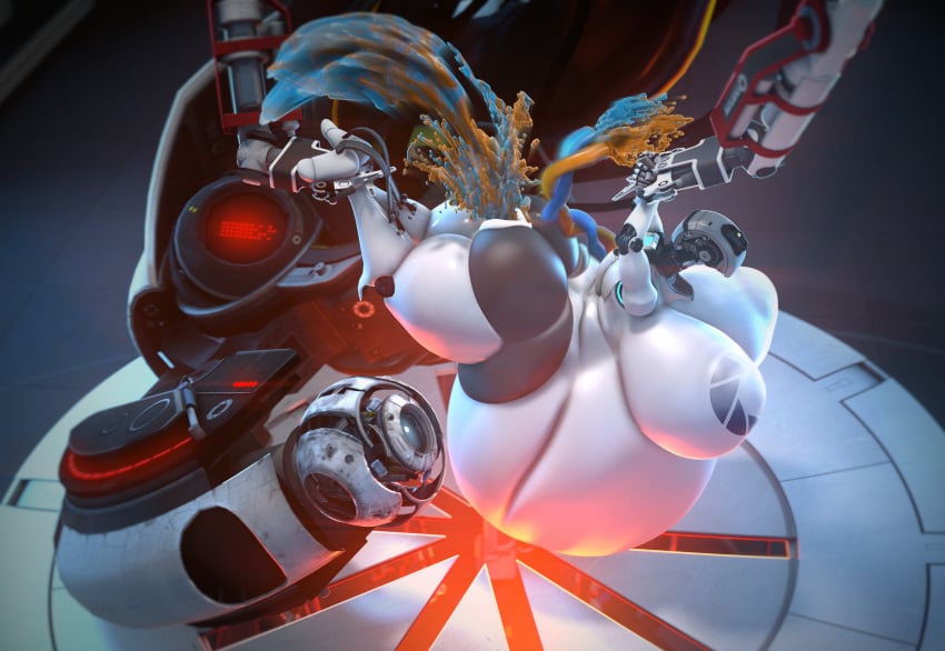 1_eye 2025 3d absurd_res anus aperture_logo ass belly belly_expansion belly_inflation bent_legs big_belly big_breasts big_butt black_butt blue_eyes breasts breasts_bigger_than_head clothing curling deflating desperation detailed_background digital_media_(artwork) duo expansion fat_folds female forced gesture glados glistening glistening_body hands_behind_head hanging_by_arms hanging_by_legs hi_res hose hose_in_butt huge_belly inflation logo_on_topwear looking_at_another lustful_zen machine male male/female pincers portal_(series) puffy_anus pushing_out red_glow release restrained_arms restrained_legs robotic_arm robotic_arms robotic_head robotic_legs shocked size_difference source_filmmaker_(artwork) spilled_liquid thick_thighs topwear valve vest wheatley white_body white_clothing white_topwear white_vest yellow_eyes