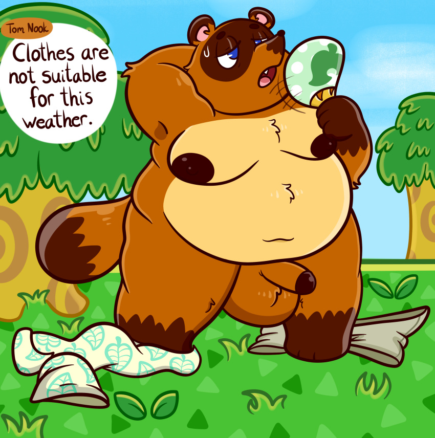 2021 absurd_res animal_crossing anthro areola balls bodily_fluids canid canine clothing clothing_on_floor dialogue discarded_clothing fan_(disambiguation) genitals grass hi_res male male_only mammal moobs nintendo nipples nude overweight overweight_male penis plant raccoon_dog sinribbons solo sweat sweatdrop tanuki tom_nook tree video_games