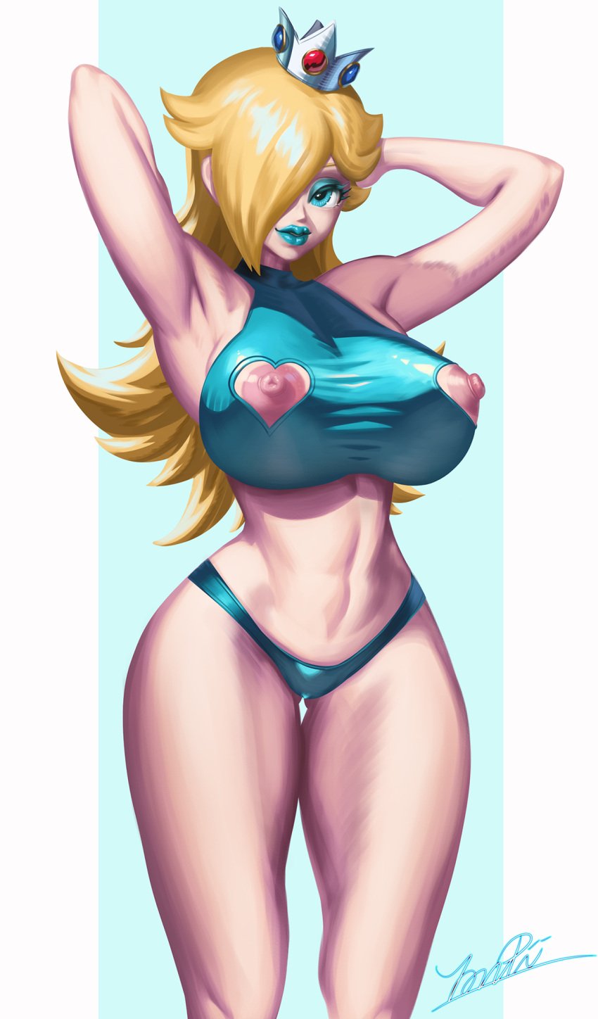 1girls 2021 alternate_version_available arms_up bare_shoulders big_breasts bimbo breasts cutout eyelashes eyeshadow female female_focus female_only lipstick looking_at_viewer mario_(series) nipple_cutout nipples princess_rosalina simple_background solo solo_female standing thong yonpii