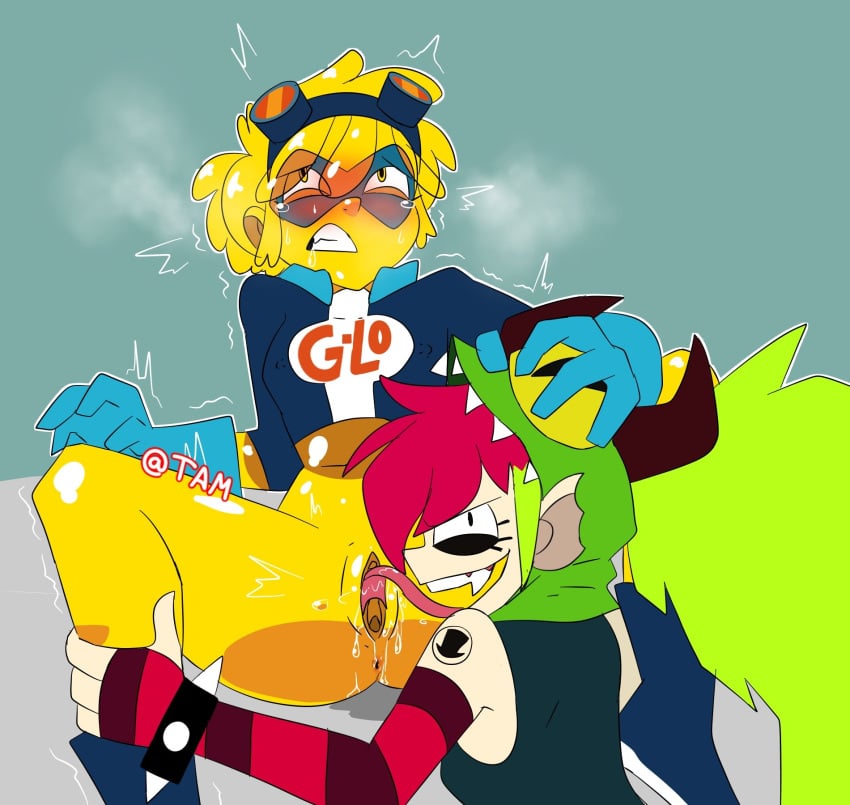 anthro cartoon_network clothing demencia_(villainous) female/female female_only g-lo_(villainous) lesbian licking_pussy long_hair multicolored_hair no_panties no_pants oral orgasm pussy pussy_juice pussy_juice_drip sex tagme tam_m3_(artist) villainous yellow_body yuri