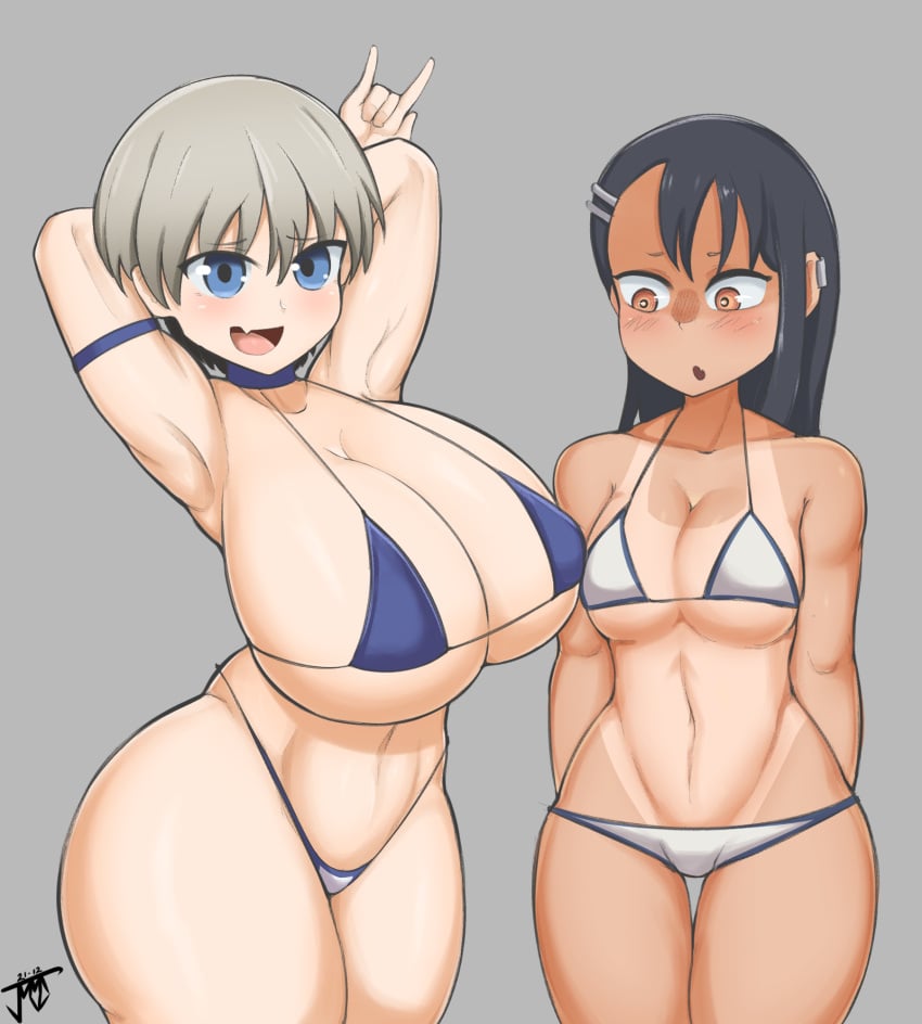 2girls alternate_breast_size arms_behind_back arms_behind_head arms_up big_breasts bikini blue_eyes blush breast_envy breasts brown_eyes cleavage crossover curvy devil_horns_(gesture) female female_focus female_only gesture grey_background hayase_nagatoro huge_breasts jealous jmvmaa long_hair navel open_mouth please_don't_bully_me,_nagatoro pose pov short_hair silver_hair simple_background small_breasts standing tanline tanned thick_thighs uzaki-chan_wa_asobitai! uzaki_hana watermark wide_hips