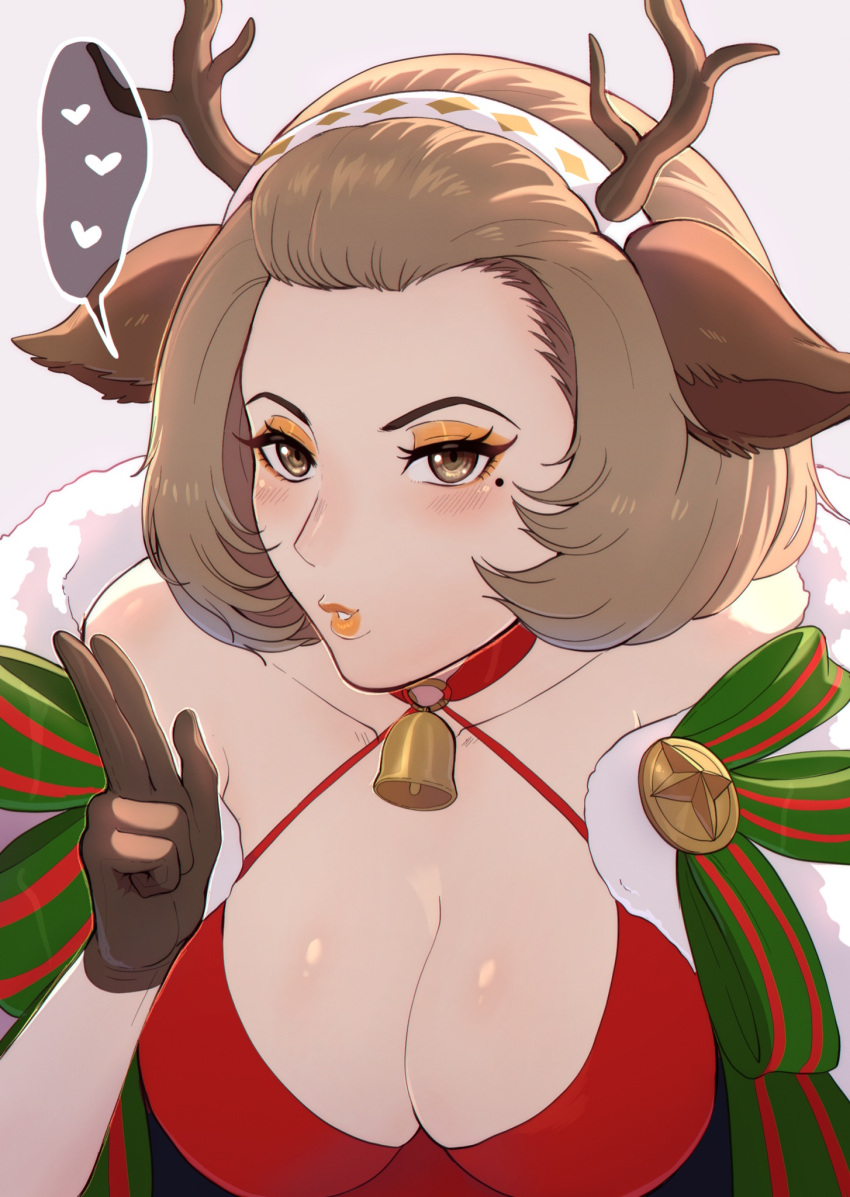 1girls alternate_costume animal_costume antlers blush breasts brown_eyes brown_hair choker christmas cleavage evomanaphy eyeshadow fake_antlers fake_tail female female_only fire_emblem fire_emblem:_three_houses fire_emblem_heroes gloves hair_slicked_back highres large_breasts lips lipstick makeup manuela_casagranda manuela_casagranda_(winter) mole mole_under_eye nintendo official_alternate_costume orange_eyeshadow orange_lips orange_lipstick puckered_lips reindeer_antlers reindeer_costume short_hair solo tail upper_body v