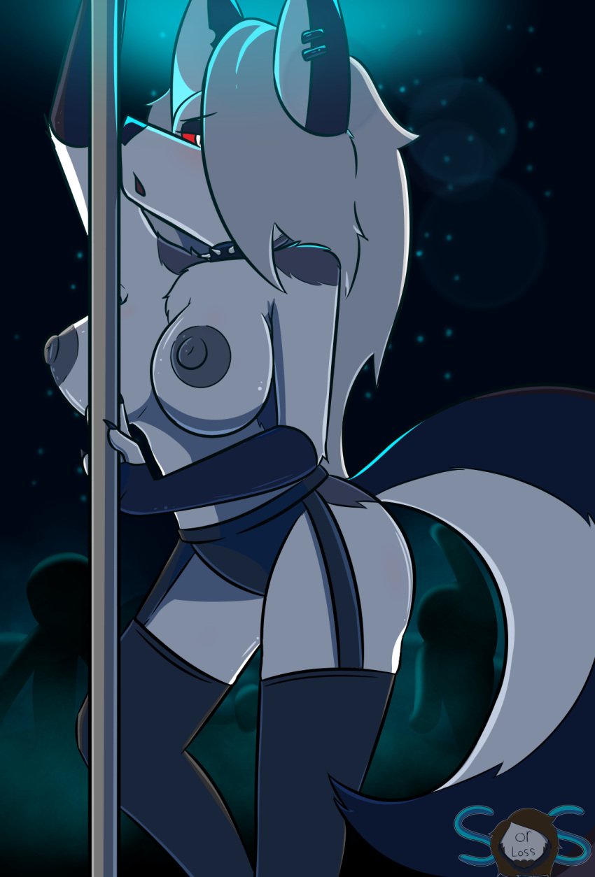 anthro black_nipples blush breasts breasts_out furry goth hellhound helluva_boss leggings long_hair looking_away loona_(helluva_boss) pole_dancing public red_eyes shiny_breasts sos_or_loss stripper stripper_pole