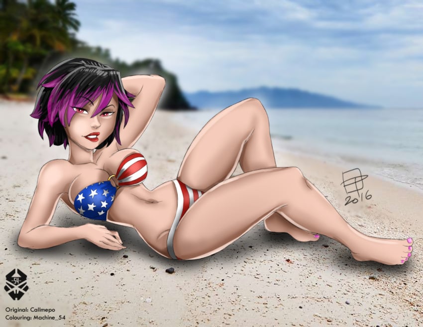 1girls 2016 american_flag american_flag_bikini arm_behind_head arm_support asian bangs barefoot beach big_breasts big_hero_6 bikini bra breasts callmepo cleavage color curvy dated disney edit eyelashes feet female female_only full_body gogo_tomago hair_between_eyes hair_over_one_eye human large_breasts lipstick looking_at_viewer lying machine_54 marvel marvel_comics navel on_side pink_highlights png short_hair signature solo swimsuit toes