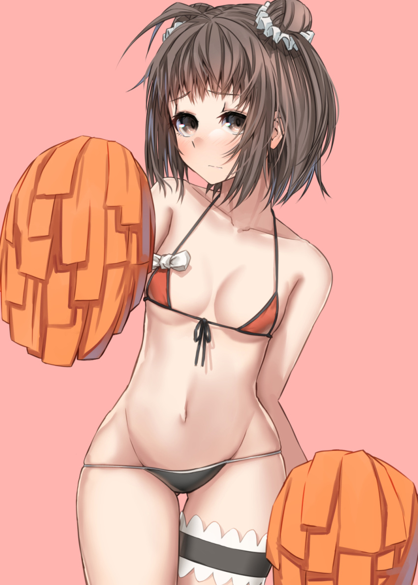 bikini black_panties blush brown_eyes brown_hair cheerleader collarbone double_bun embarrassed eyebrows_visible_through_hair female highres holding holding_pom_poms kantai_collection looking_at_viewer micro_bikini naka_(kantai_collection) navel orange_bikini panties pom_pom_(cheerleading) pom_poms short_hair simple_background standing swimsuit thigh_strap underwear zombie_mogura