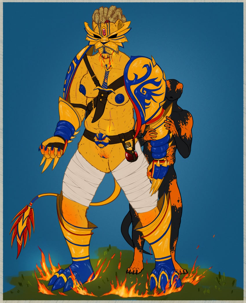 2021 5_fingers abs amphibian anthro arm_in_front armor belt_buckle black_body blue_nails blue_nipples bottle braided_hair breasts clawed_toes claws clothed clothing colored_nails disney duo fangs felid female fingers fire fire_salamander_(salamander) fur gauntlets gem genitals gloves grass hair handwear hi_res hidden_eyes holding_arm knife larger_female leg_wraps leozar lion looking_at_another male male/female mammal max_(maxdamage_rulz) multicolored_body nails nipples nude open_mouth orange_body pantherine partially_clothed plant potion protective pussy salamander_(amphibian) scar shoulder_pads simple_background size_difference spectrobes spiked_tail spikes spikes_(anatomy) spots standing tall_lizzard_(artist) two_tone_body video_games whiskers wraps yellow_body yellow_eyes yellow_fur