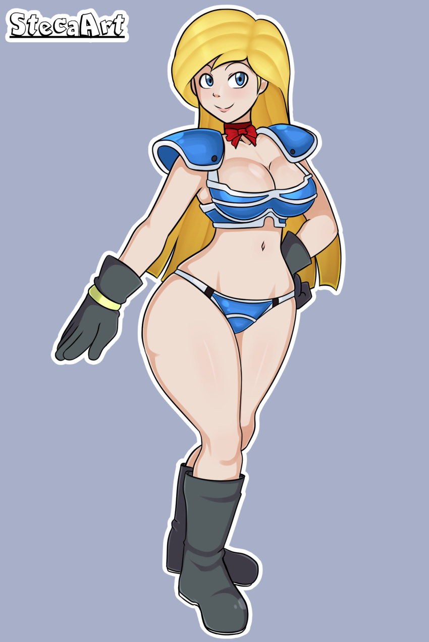 armor bikini bikini_armor blue_eyes breasts clothing cosplay female gloves high_resolution huge_breasts humanformers long_hair minerva_(transformers) smile steca swimsuit thelazyart thighs transformers yellow_hair