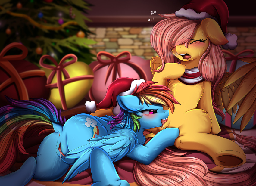 2021 absurd_res anus ass bodily_fluids christmas christmas_clothing christmas_headwear christmas_tree closed_eyes clothing cunnilingus cutie_mark digital_media_(artwork) dock duo equid equine female female/female feral feral_on_feral fluttershy_(mlp) friendship_is_magic fur genital_fluids genitals hair hair_over_eye hasbro hat hat_only headgear headgear_only headwear headwear_only hi_res holidays hooves mammal mostly_nude multicolored_hair multicolored_tail my_little_pony one_eye_obstructed open_mouth oral pegasus plant pridark pussy pussy_juice rainbow_dash_(mlp) rainbow_hair rainbow_tail santa_hat sex spread_legs spreading sweat tree underhoof vaginal_penetration wings