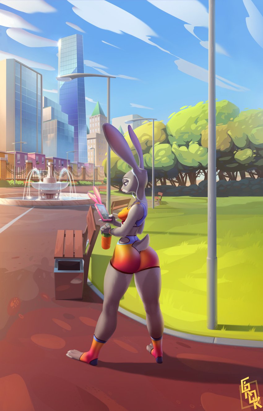 big_ass city clothing ears_up girok headphones judy_hopps long_ears phone rabbit shorts standing tagme tail uniform zootopia zootropolis