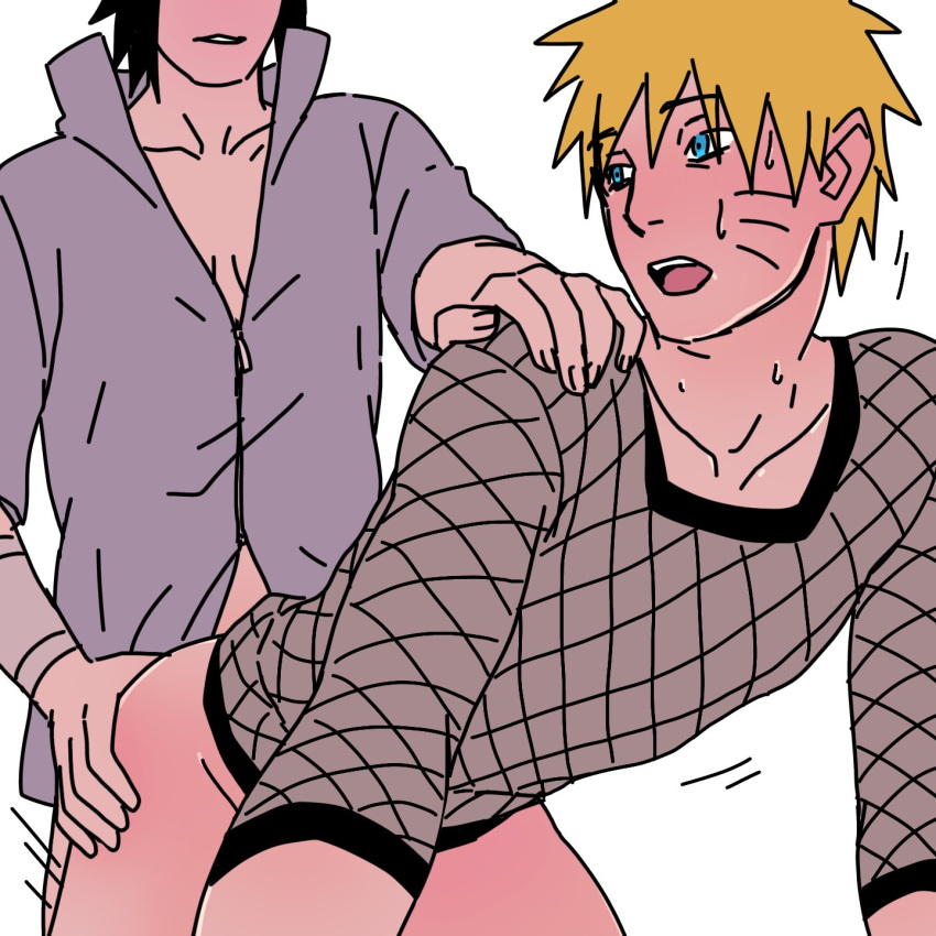 2boys all_fours anal anal_sex arched_back ass_grab bent_over black_hair blush bottomless clothing doggy_style duo fishnet_shirt gay hand_on_ass jacket male male/male male_only male_penetrating naruto no_panties on_all_fours open_mouth partially_clothed penetration rrrsn37 sasuke_uchiha se sweatdrop uzumaki_naruto whisker_markings yaoi yellow_hair