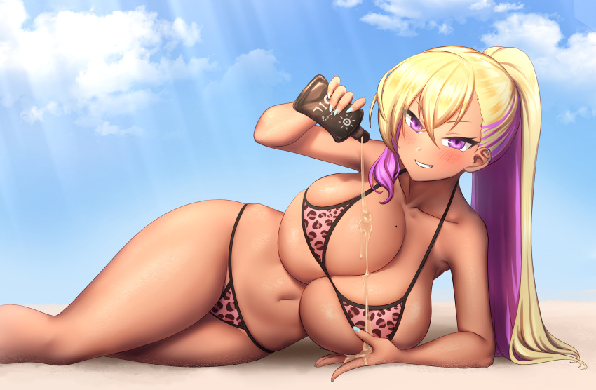 1girls 2021 animal_print asymmetrical_bangs bangs beach bikini blonde_hair blue_nails blush boryeon_(last_origin) breasts cloud collarbone colored_inner_hair crossed_bangs dark-skinned_female dark_skin day dripping ear_piercing female female_only ganguro greenteamousou grin gyaru highres huge_breasts kogal last_origin leopard_print long_hair looking_at_viewer lotion lotion_bottle lying mole mole_on_breast multicolored_hair naughty_face navel on_side outdoors piercing ponytail purple_eyes purple_hair sand skindentation sky smile solo string_bikini sunscreen swimsuit tan thighs two-tone_hair very_long_hair