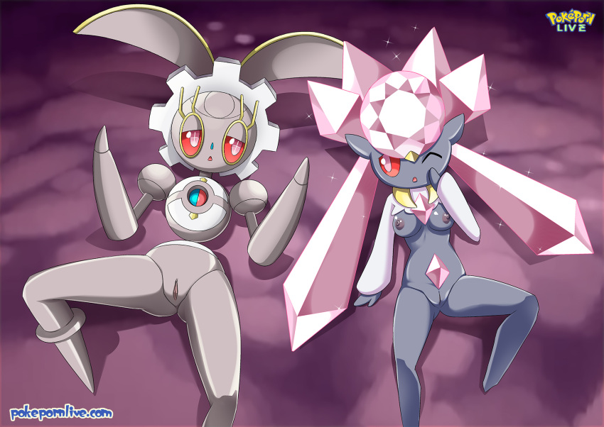 2girls anthro bbmbbf breasts diancie female female_only magearna multiple_girls nintendo one_eye_closed open_mouth palcomix pokemon pokepornlive pussy