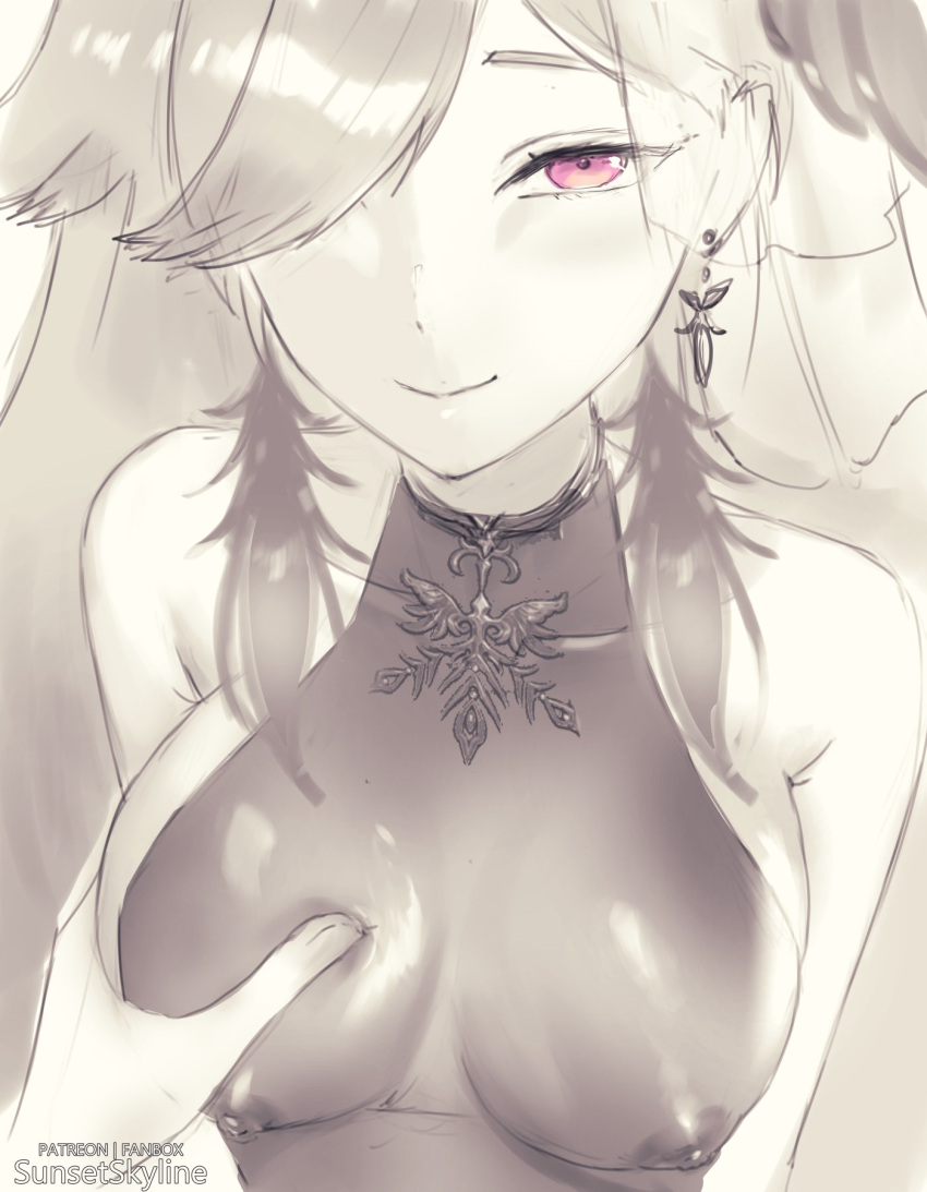 bangs breast_grab breasts dress earrings feather_earrings feathers female grabbing highres hololive hololive_english hololive_myth jewelry long_hair looking_at_viewer looking_up monochrome nipples official_alternate_costume purple_eyes smile sunset_skyline sunsetskyline takanashi_kiara virtual_youtuber white_background