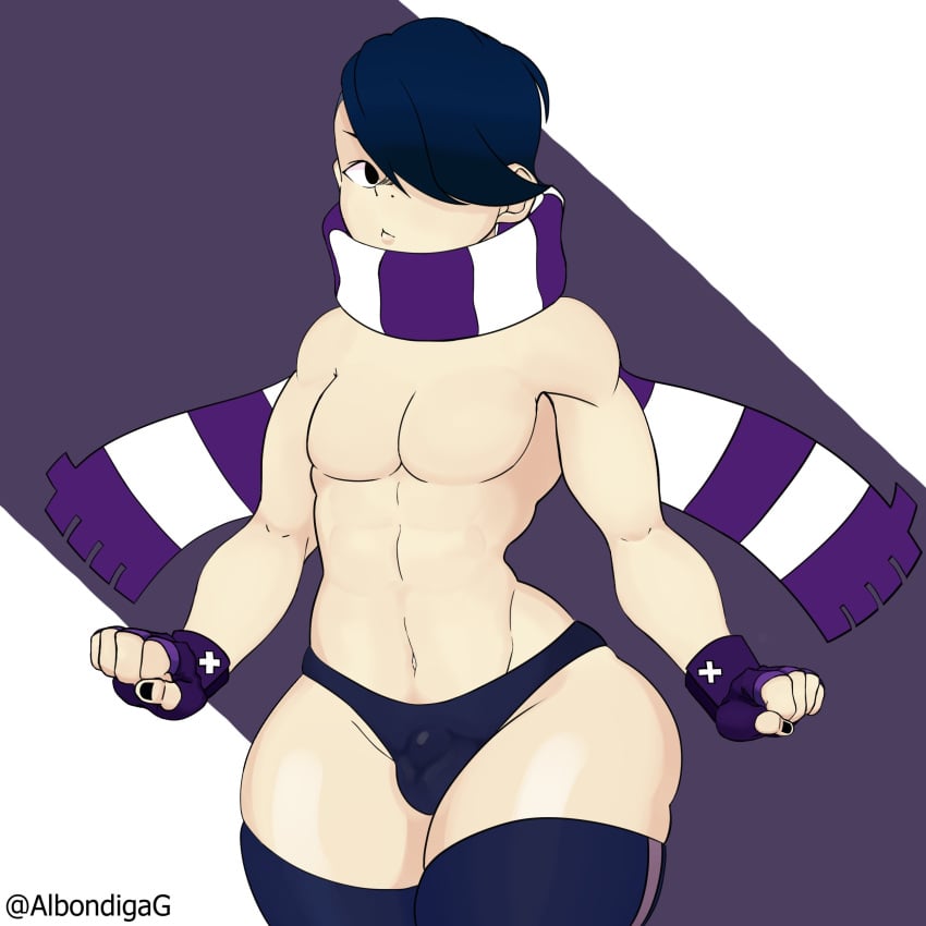 1boy albondiga_g black_hair brawl_stars chastity_cage edgar_(brawl_stars) femboy gloves hips male male_only scarf sock thick_thighs thighs