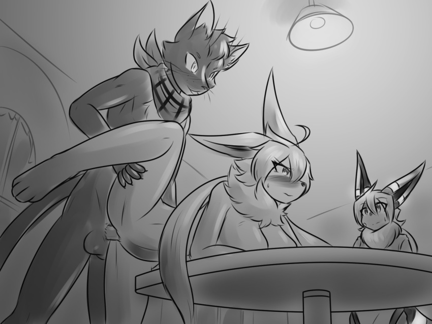 anthro balls bandana being_watched blush breasts ceiling_lights domestic_cat duo eeveelution felid feline felis female flareon flustered furniture genitals greyscale hand_on_leg hi_res hybrid jolteon joslyn_fumei k'_fumei kerchief looking_at_another male male/female mammal monochrome neck_tuft nintendo on_table penetration penis pokémon_(species) pokemon pokemon_(species) pussy raised_leg sil_blackmon smile table tetsushi tuft umbreon vaginal_penetration video_games window