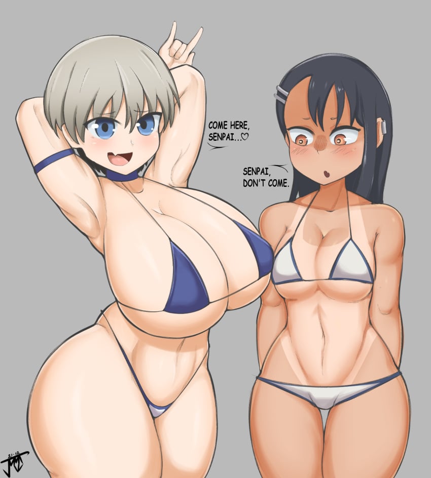 2girls alternate_breast_size arms_behind_back arms_behind_head arms_up big_breasts bikini blue_eyes blush breast_envy breasts brown_eyes cleavage crossover curvy devil_horns_(gesture) english_text female female_focus female_only gesture grey_background hayase_nagatoro huge_breasts jealous jmvmaa long_hair navel open_mouth please_don't_bully_me,_nagatoro pose short_hair silver_hair simple_background small_breasts standing tanline tanned text thick_thighs uzaki-chan_wa_asobitai! uzaki_hana watermark wide_hips