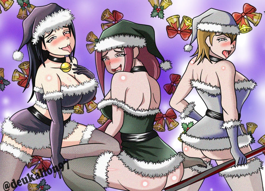 3girls adapted_costume ahe_gao ahegao arm_gloves armwear ass bare_ass bare_back bent_knee big_breasts black_hair blonde_hair breasts choker christmas clothed_female deukalion97 dress female female_only fur_trim haruno_mebuki hat headwear heart heart-shaped_pupils holding_object horny horny_female huge_breasts jingle_bell light-skinned_female light_skin looking_back mature mature_female midriff milf mother multiple_girls naruto naruto_(series) naruto_shippuden naughty_face no_panties open_mouth pink_hair raised_leg revealing_clothes round_ass santa_costume santa_hat shiny shiny_hair shiny_skin skirt sleeveless smile squatting standing stockings strapless strapless_dress symbol-shaped_pupils take_your_pick thighhighs tongue tongue_out tubetop uchiha_mikoto uzumaki_kushina