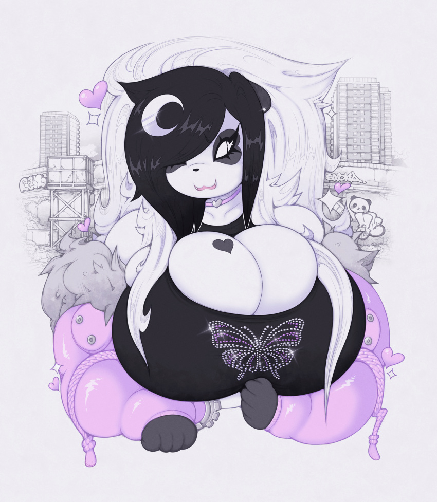 anthro big_breasts cleavage clothed female furry giant_panda heart huge_breasts luna_paws panda smutbunny solo streetwear tagme