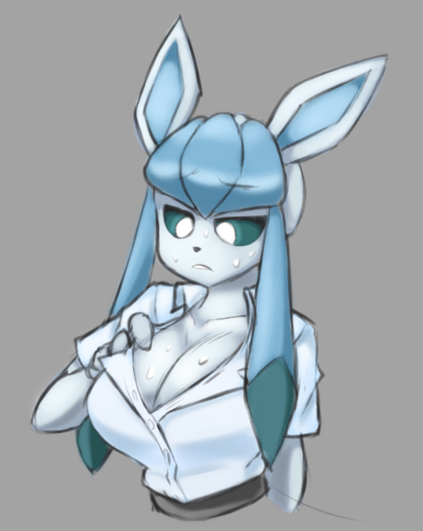 1girls blue_eyes cleavage clothing dizner female female_only furry glaceon huge_breasts large_breasts pokemon shirt simple_background solo sweat sweaty_breasts wet