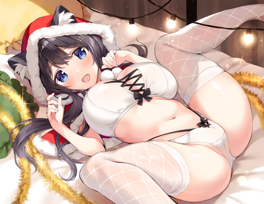 :d animal_ear_fluff animal_ears ass bangs bed_sheet black_hair blue_eyes bra breasts cat_ears cat_girl commentary_request eyebrows_visible_through_hair feet_out_of_frame female female highres large_breasts long_hair looking_at_viewer lying navel on_back on_bed open_mouth original oryou panties pillow santa_dress second-party_source smile solo spread_legs string_lights thighhighs thighs underwear white_bra white_legwear white_panties