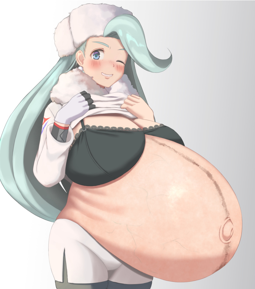 alternate_breast_size big_breasts black_bra blue_eyes blue_hair blush bra female female_only fur_collar grin hat huge_belly hyper hyper_belly hyper_pregnancy lace-trimmed_bra linea_nigra long_hair looking_at_viewer melony_(pokemon) milf nowheresoul pokemon pokemon_ss pregnant ready_to_pop shirt_lift single_glove smile solo veiny_belly wink