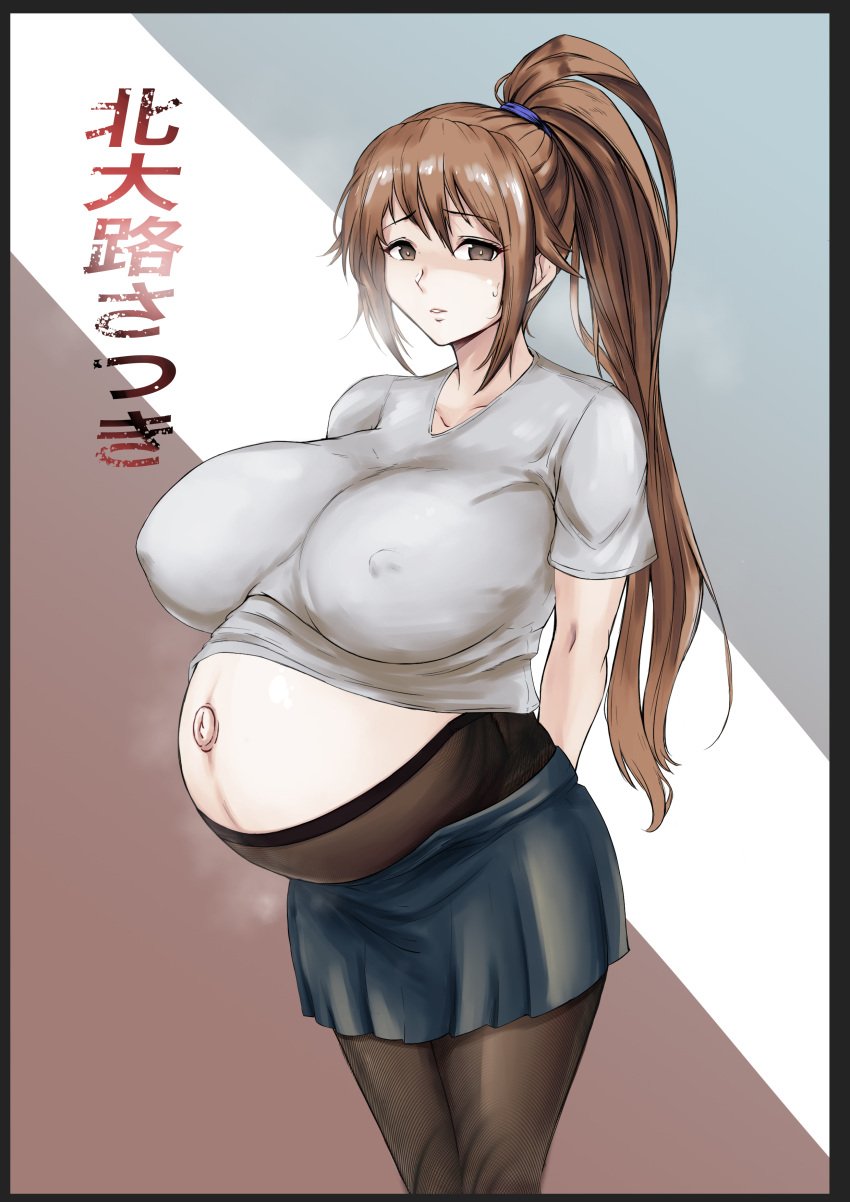 arms_behind_back big_breasts blush brown_eyes brown_hair female female_only hentai_rat huge_breasts ichigo_100_percent kitaoji_satsuki long_hair looking_at_viewer maternity_pantyhose nipple_bulge pantyhose pleated_skirt ponytail pregnant shirt_up solo sweatdrop