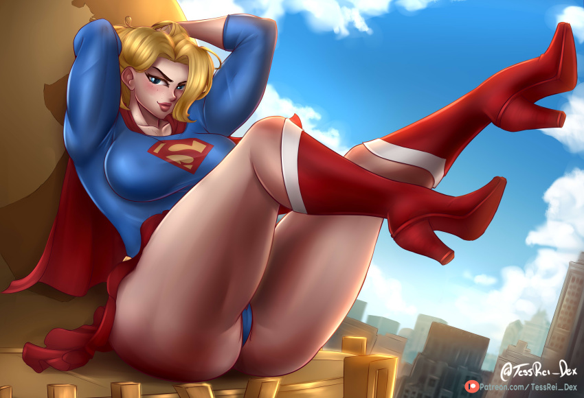 1girls ass big_ass blush cameltoe dc dc_comics dc_super_hero_girls erect_nipples female female_only kara_danvers kara_zor-el light-skinned_female looking_at_viewer panties solo supergirl tessreidex thick_thighs upskirt