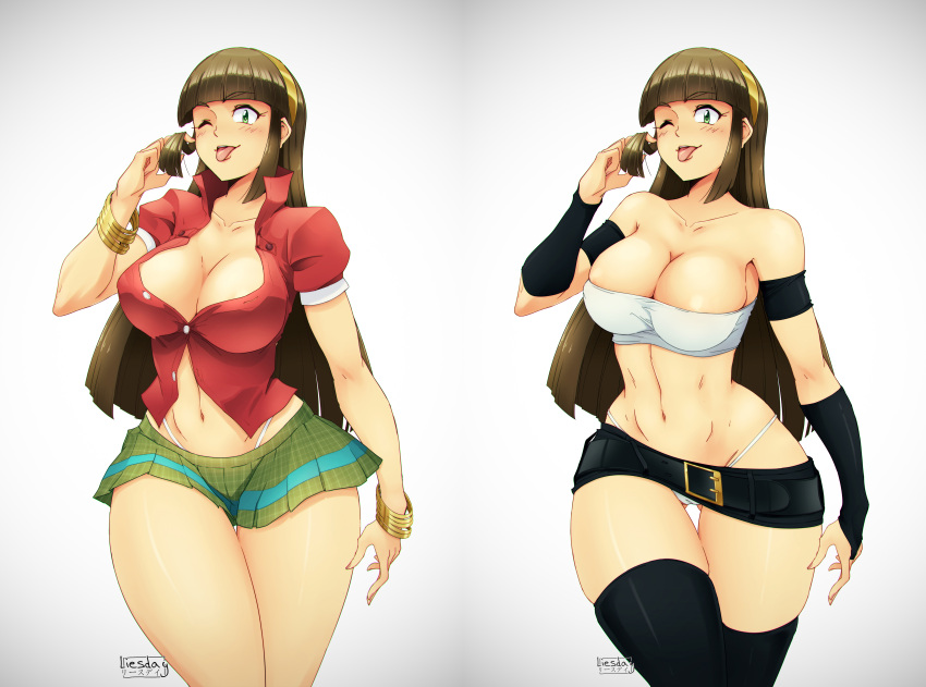 1girls absurd_res armband bangs belt beltskirt black_legwear bra bracelet breasts brown_hair clavicle cleavage clothing female green_eyes green_skirt hair_twirling hairband hi_res highleg highleg_panties jewelry liesday long_hair one_eye_closed original panties red_vest skirt thighs tongue tongue_out underwear vest white_background yellow_hairband