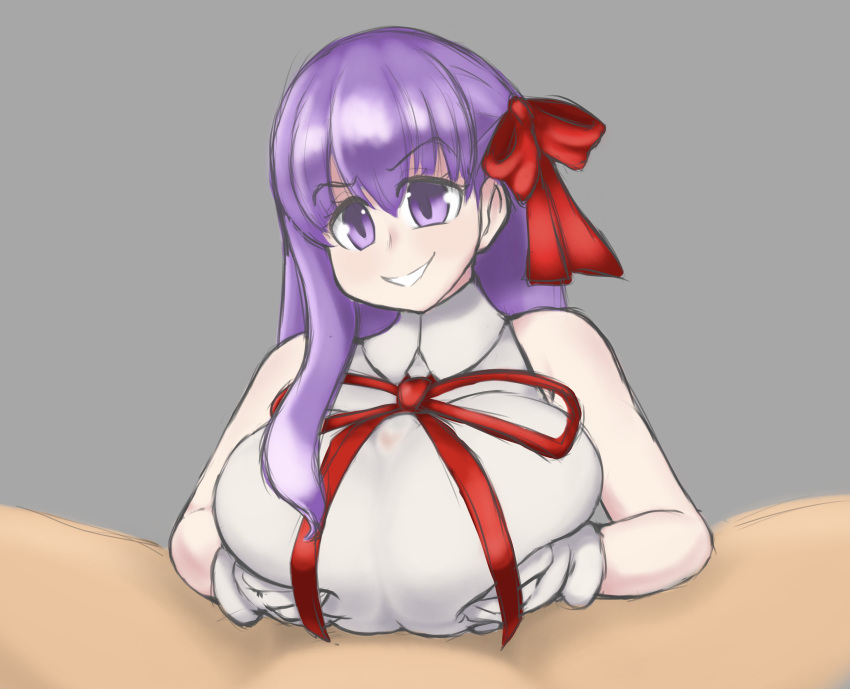 bb_(fate) breast_squeeze dizner fate_(series) huge_breasts paizuri paizuri_under_clothes purple_hair smug