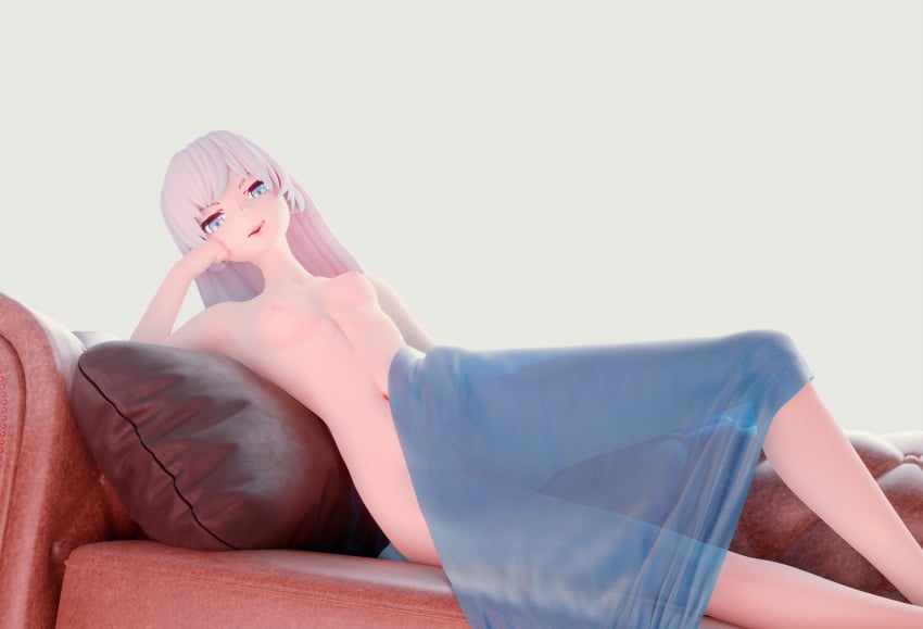 3d couch female naked photoshoot pin_up rwby small_breasts sofa towel tradelt weiss_schnee white_hair