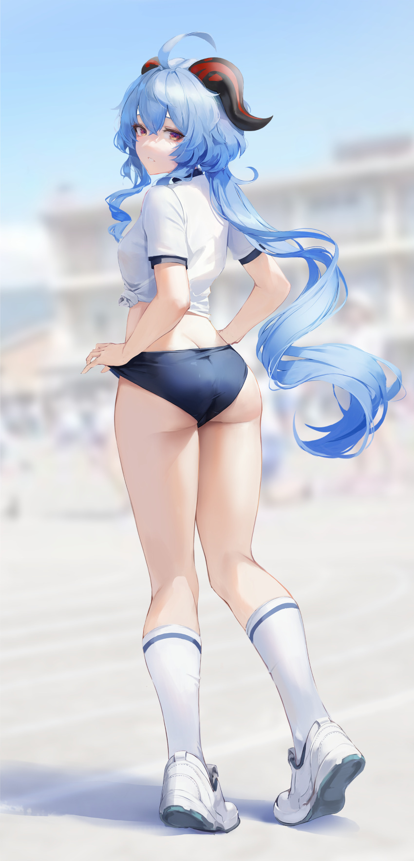 1girls absurd_res ass ass_focus blue_hair buruma clothed clothes_pull clothing female from_behind full_body ganyu_(genshin_impact) genshin_impact highres hiki_niito hiki_nito horns light-skinned_female light_skin looking_at_viewer low_ponytail midriff ponytail red_eyes solo thighs