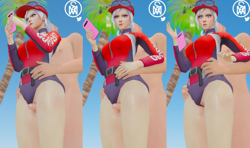 1boy 1girls 3d 3panels beach blender cap cocky cocky_smile comic_strip faceless_male forced_penetration from_behind hat lian_(paladins) middlemansfm paladins palm_tree penetration penis phone shore_patrol_(paladins) shore_patrol_lian suprised suprised_look swimsuit swimwear thigh_sex thighs uninterested white_hair