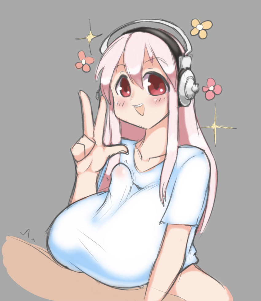 clothed_paizuri dizner happy nitroplus paizuri paizuri_under_clothes peace_sign pink_hair super_sonico