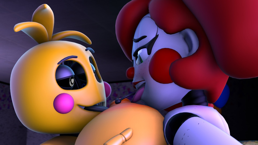 2girls 3d animatronic baby_(fnafsl) big_breasts breasts circus_baby circus_baby_(fnaf) female_only five_nights_at_freddy's green_eyes heart-shaped_pupils huge_breasts large_breasts licking_nipples lolmcfallout lovetaste_chica mclol nipple_piercing nipples pierced_nipples red_hair robot robot_girl so87baby summer_of_87_baby symbol-shaped_pupils toy_chica_(fnaf) toy_chica_(love_taste) twintails yuri