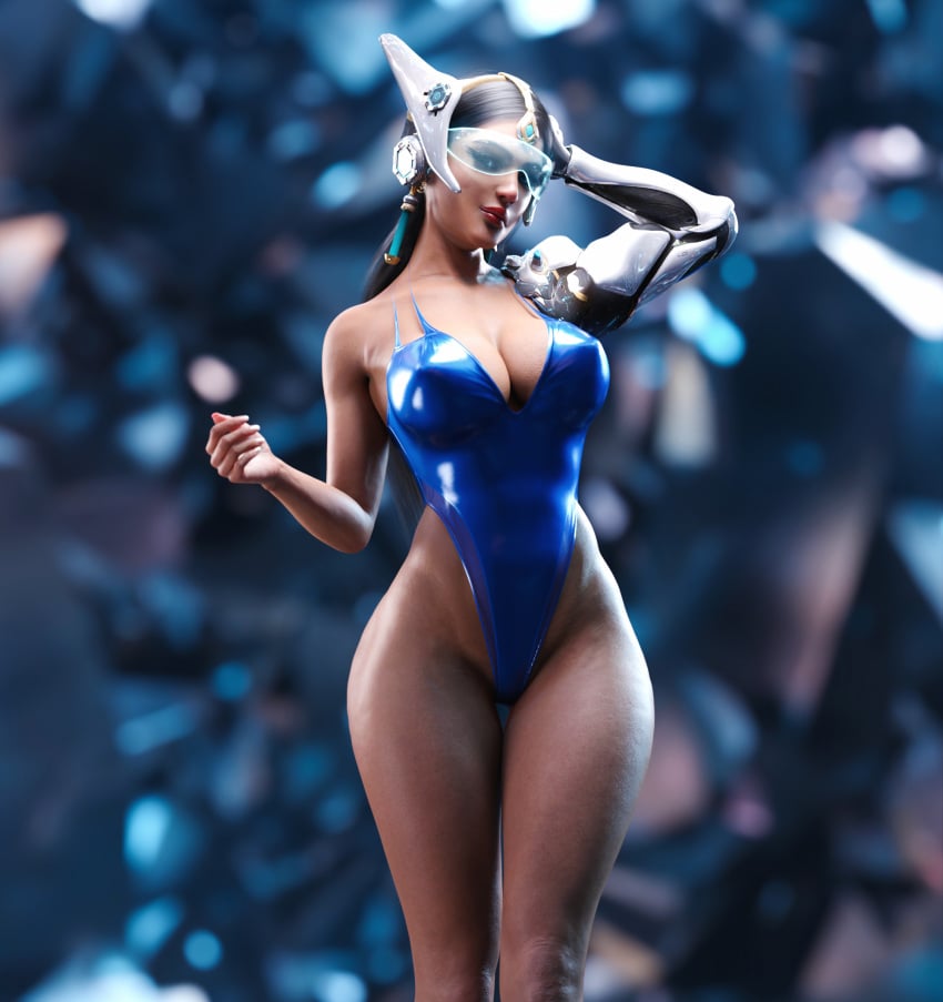 1girls 3d 3d_(artwork) big_breasts blizzard_entertainment blue-tinted_eyewear blue_swimsuit cleavage cybernetic_arm dark-skinned_female female female_focus female_only hi_res indian indian_female looking_at_viewer mechanical_arm nipple_bulge noahgraphicz one-piece_swimsuit overwatch robotic_arm solo solo_female solo_focus swimsuit swimwear symmetra thick_thighs tinted_eyewear visor wide_hips