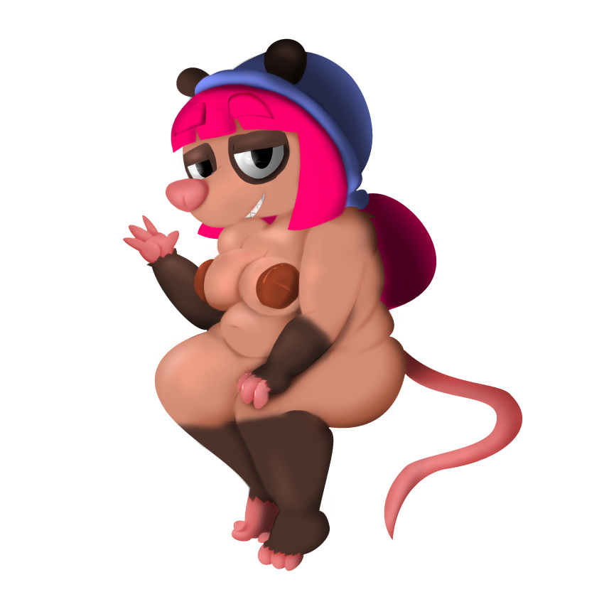 absurd_res anthro areola big_areola breasts brown_body brown_nipples chubby_female clothing didelphid female fuzefurry genitals gesture hat headgear headwear hi_res inverted_nipples looking_at_viewer mammal marsupial nipples pussy slightly_chubby smile solo tagme waving