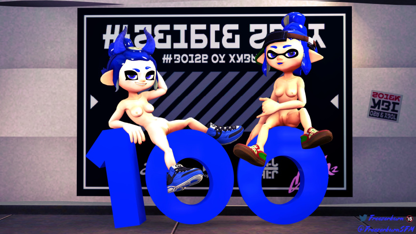 1girls 3d blue_eyes blue_hair breasts convex_(freezerburn) dev_(freezerburn) freezerburnsfm hand_behind_head hand_gesture headgear inkling inkling_girl looking_at_viewer milestone_celebration nipples nude_female nudity number octoling octoling_girl seductive_eyes seductive_look sfm shoes smirk smirking_at_viewer source_filmmaker splatoon splatoon_2 tongue_out