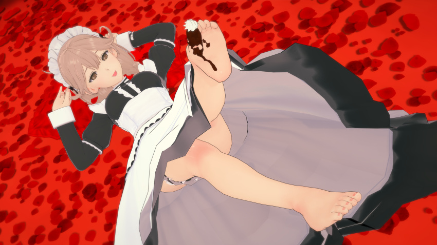 1girls 3d alternate_costume atnilla chocolate chocolate_on_foot faye_(fire_emblem) fire_emblem fire_emblem_echoes:_shadows_of_valentia foot_fetish maid maid_outfit seductive tongue_out