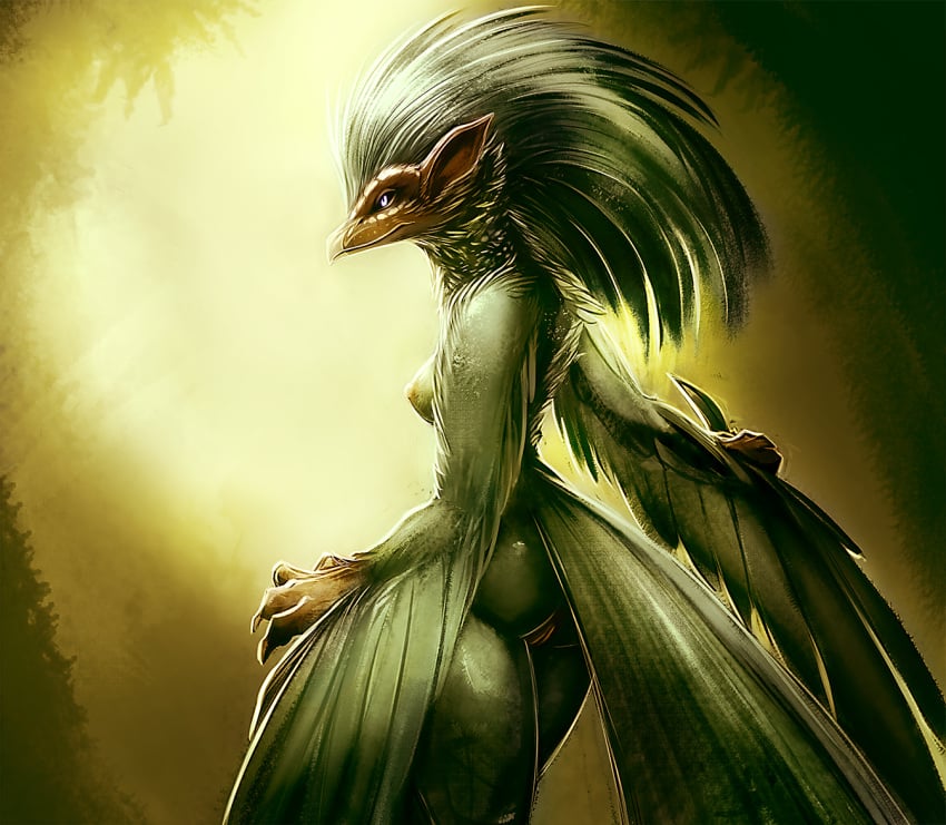 anthro avian bird colored feathered_wings feathers female genitals green_body green_feathers looking_at_viewer pussy solo watsup wings