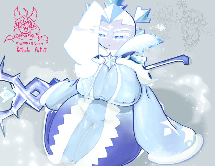 1girls big_breasts blue_body blue_eyes breasts cookie_run cookie_run_kingdom female_only frost_queen_cookie huge_breasts queen snow snow_sugar_cookie solo tagme thick_thighs trophimos voluptuous white_hair