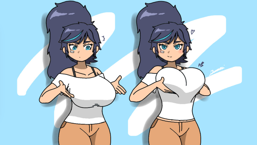 alternate_version_available bandage_on_face big_breasts blue_eyes blue_hair blush bra_strap cute dark_blue_hair holding_breast huge_breasts kim_han_yi_(writers_crusaders) korean ponytail simple_background solo solo_female wcjuan white_topwear writers_crusaders