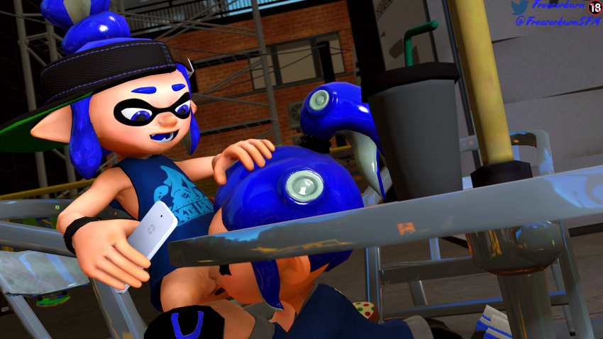 3d blue_eyes blue_hair clothing convex_(freezerburn) dev_(freezerburn) drink exhibitionism freezerburnsfm hand_on_head inkling inkling_girl licking_pussy octoling octoling_girl original_character original_characters phone seductive_eyes sfm shoes shorts_down source_filmmaker splatoon splatoon_2 table yuri