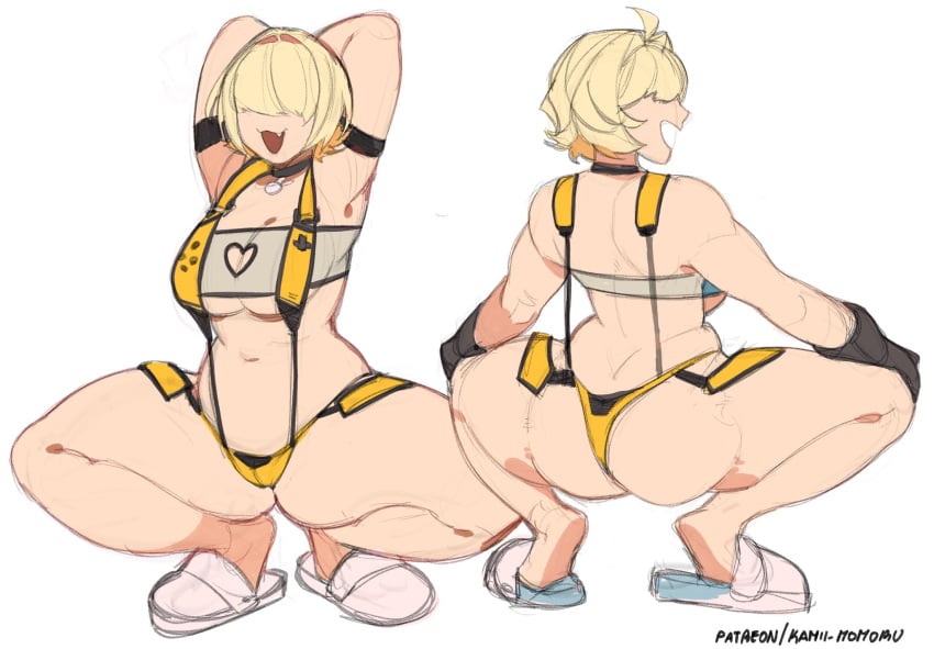 1girls ass breasts elegg_(boom_and_shock)_(nikke) elegg_(nikke) female female_focus female_only goddess_of_victory:_nikke kamii_momoru large_breasts light-skinned_female light_skin solo squatting thick_thighs thighs white_background