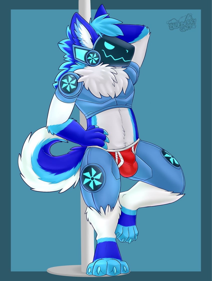 anthro balls_outline blue_background blue_body blue_border blue_ears blue_fur blue_hair blue_inner_ear border briefs bulge cheek_tuft chest_tuft claws clothing curled_tail detailed_bulge facial_tuft fur gaokun genital_outline gloves_(marking) hair hand_behind_head hand_on_hip hi_res inner_ear_fluff machine male male_only markings multicolored_body multicolored_fur pole presenting_bulge protogen red_clothing red_underwear simple_background solo toe_claws tuft two_tone_inner_ear underwear white_body white_fur white_inner_ear