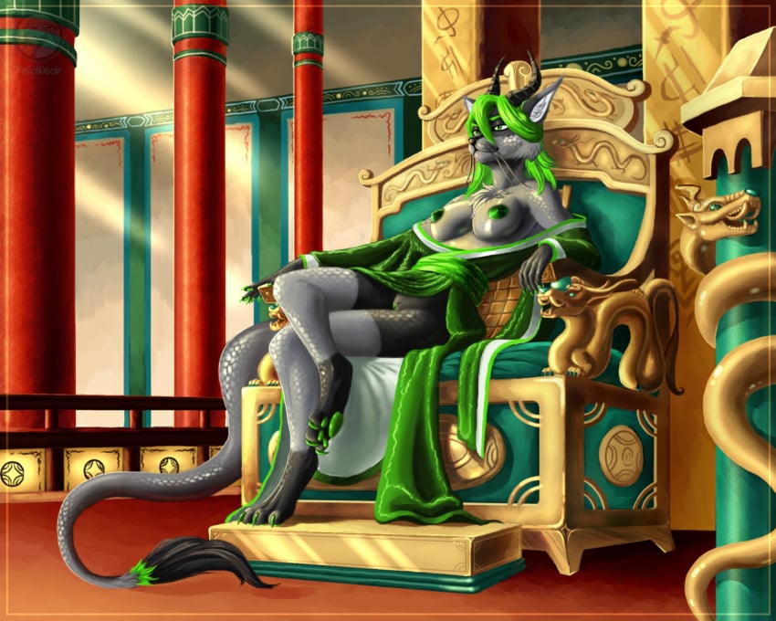 allpha anthro asian_clothing asian_mythology belly_scales body_hair breasts chair chest_hair chest_tuft chinese chinese_clothing chinese_dress chinese_mythology clawed_feet clawed_toes claws clothed clothing detailed_background dragon dress east_asian_architecture east_asian_clothing east_asian_mythology eastern_dragon emperor feidkedr female fur furniture genitals gold_(metal) green_clothing green_eyes green_hair green_nipples green_pussy grey_body grey_scales grey_tail hair horn japanese_clothing kimono mythology nipples nude partially_clothed pussy queen royalty scales smile smirk solo stool tail_tuft throne throne_room tuft wingless_dragon