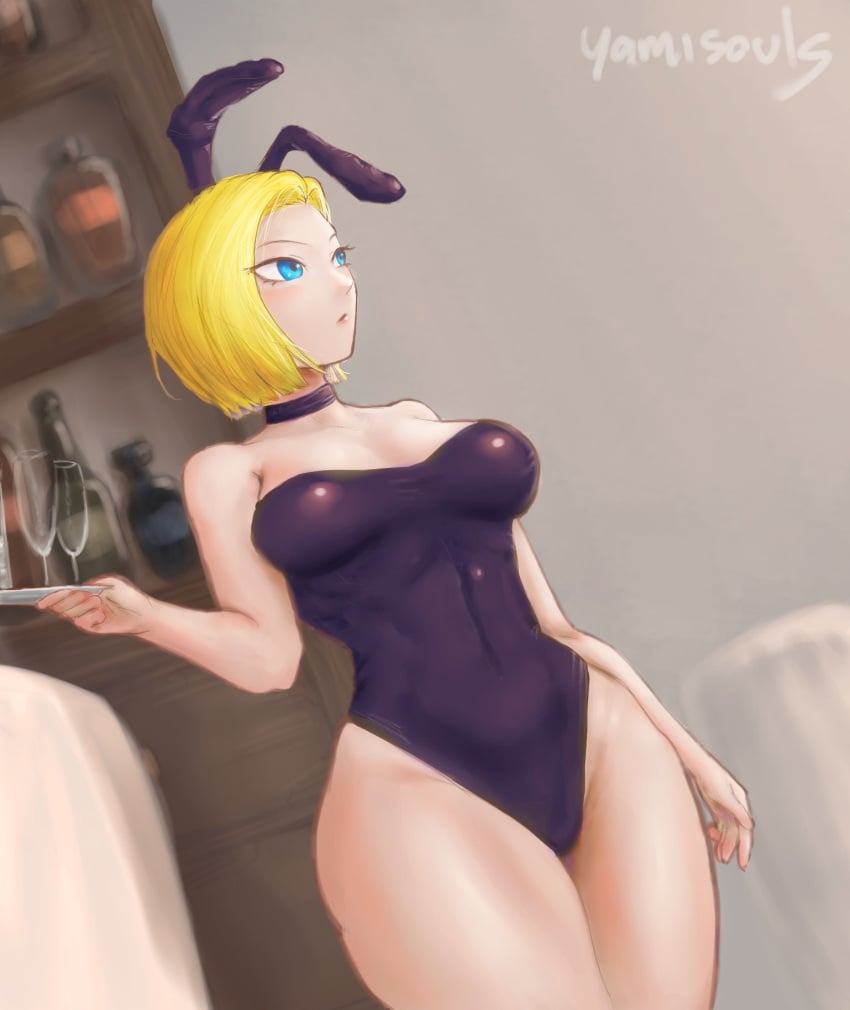 2021 abs android_18 bare_arms bare_legs bare_shoulders belly big_breasts blonde_hair blue_eyes blush breasts bunny_ears bunnysuit choker dragon_ball hi_res high_resolution highres holding_object looking_away short_hair thick_thighs thighs yamisouls