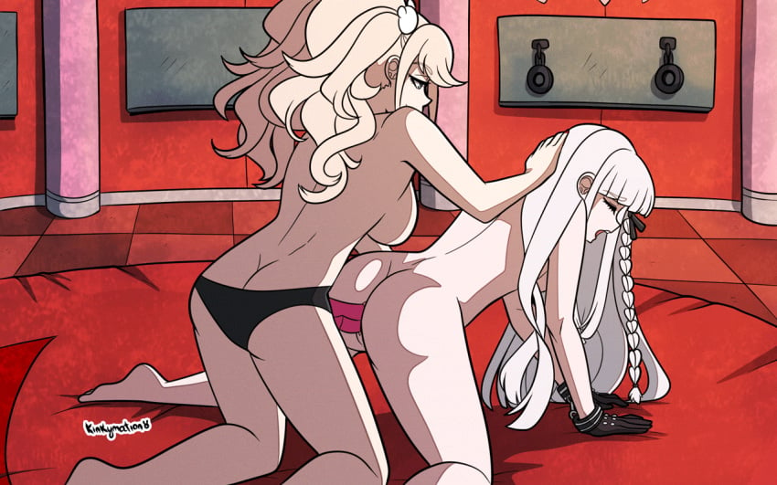 2girls all_fours anal animated blonde_hair comic danganronpa doggy_style female female_only gif gloves junko_enoshima kinkymation kirigiri_kyouko large_breasts multiple_girls naegi_makoto panties_only smooth_skin strap-on vaginal_penetration white_hair yuri