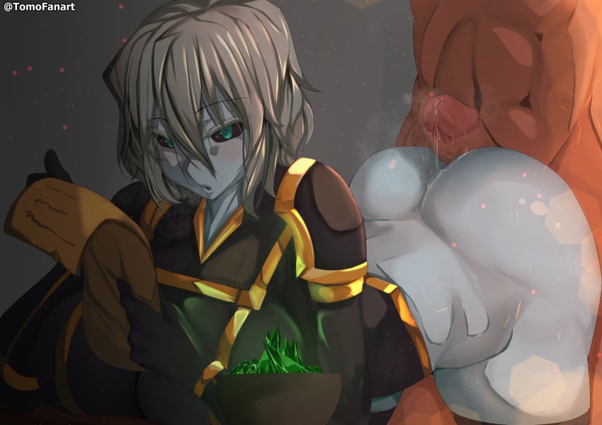 1boy 1girls :o anasteria armor ass assjob bent_over black_legwear black_thighhighs blush bowl breasts breasts_bigger_than_head breasts_on_desk breasts_on_table breath buttjob colored_sclera colored_skin crystal desk emotionless emotionless_female emotionless_sex female gauntlets gloves green_eyes grey_hair grey_skin grim_dawn huge_ass huge_breasts large_ass large_breasts legwear magic male oblivious penis precum precum_drip precum_on_ass precum_on_body precum_on_butt precum_on_penis precum_string reading reading_paper scroll short_hair shoulder_length_hair shoulder_pads steam sweat table thick_thighs thighhighs thighs tomodachi_(tomofanart) unaware unaware_buttjob uniform witch